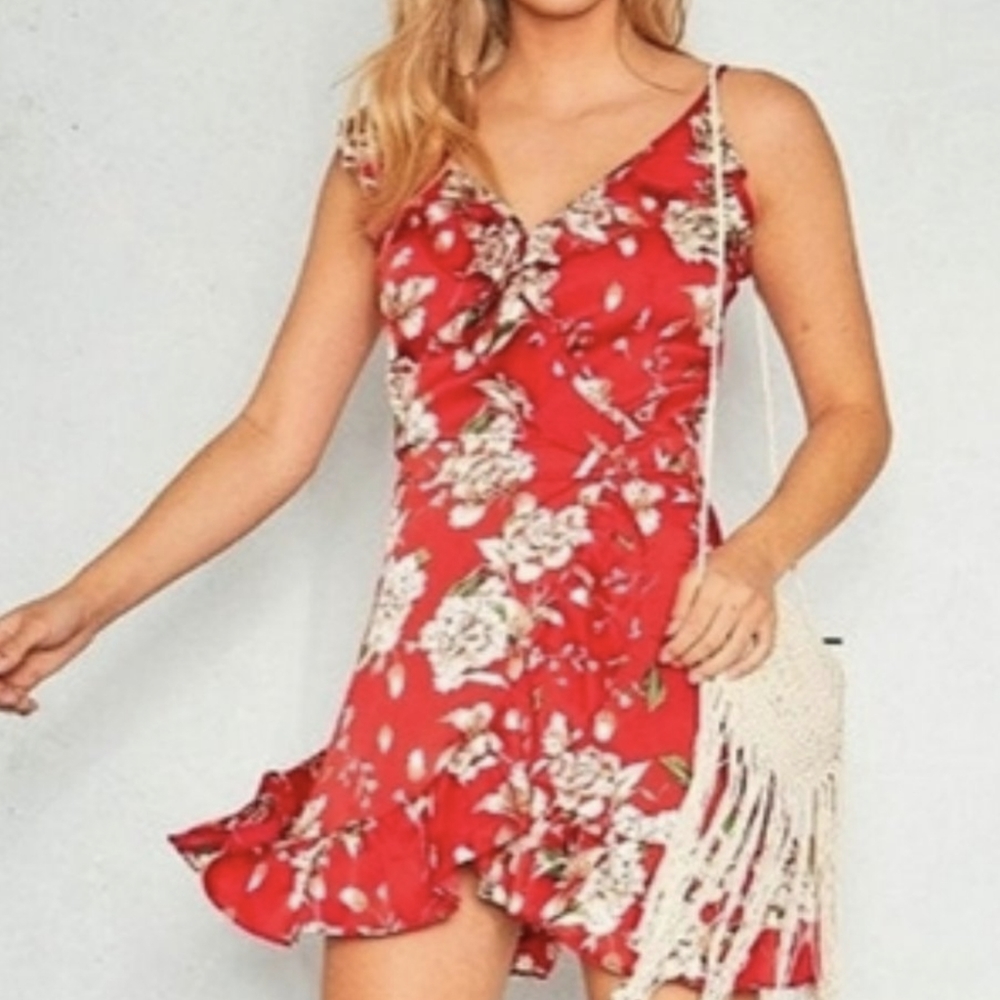 ENGLERLA Red Flora Tropical Beach Dress